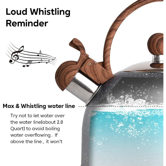 Чайник VONIKI з нержавіючої сталі 2,5 л з свистком для плити, з дерев'яною ручкою, сірий, для приготування чаю та як подарунок