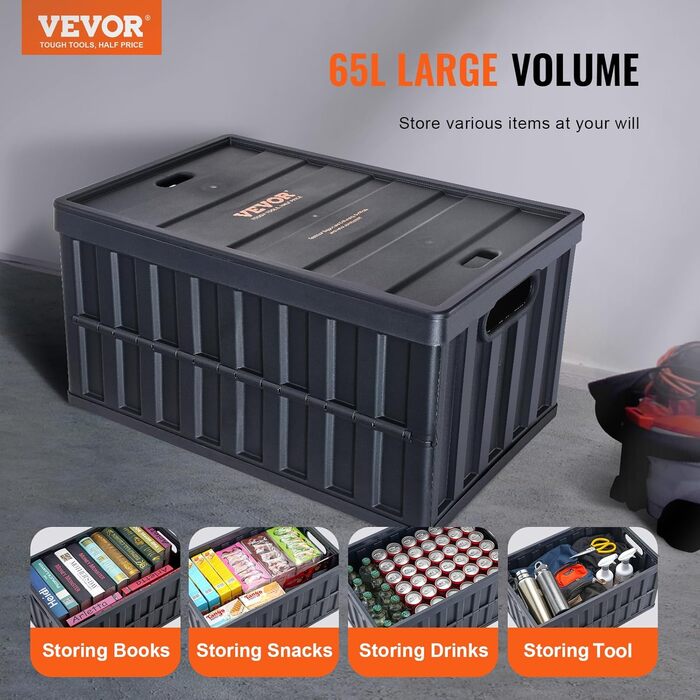 VEVOR 3-Piece Set 65L Professional Folding Box made of PP, Transport Box with Lid, Foldable Storage Box with Handle, Stackable Crates, Storage Box, Folding Boxes, Stackable Boxes for Storage & Transport