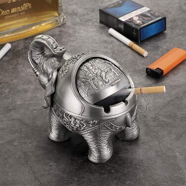 BSTKEY Vintage Ashtray with Lid – Elephant Shape, Table Ashtray, for Indoor and Outdoor Use, Retro, for Home, Office, Decoration Silver