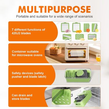 Ibergrif M521 - Набір для нарізки овочів 6-в-1, подрібнювач, кубики, слайси, 1200 мл, без BPA, для миття в посудомийній машині, чорно-зелений