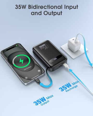 Powerbank 20000mAh з PD 35W, USB-C кабель, LED дисплеєм та 8 Pin кабелем. Чорний акумулятор для iPhone, iPad, Samsung Galaxy, Huawei та інших пристроїв