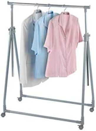 WENKO Clothes Rack Folding, Clothes Storage with Adjustable Clothes Rail and Wheels, Plastic/Metal, 88 x 100-168 x 11-49 cm, Chrome/Grey
