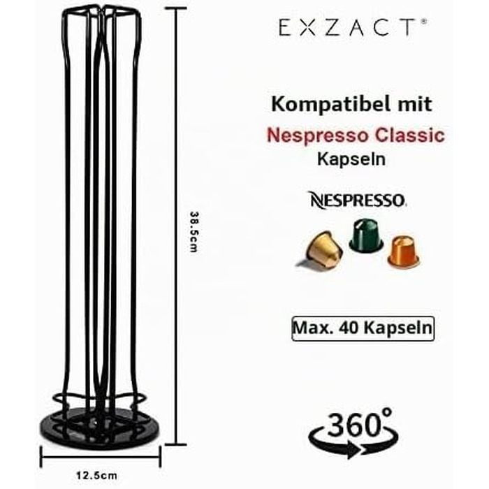 Органайзер для кавових капсул Exzact, сумісний з Nespresso (на 40 капсул), обертовий стійка-холдер 360°, протиковзкий, чорний