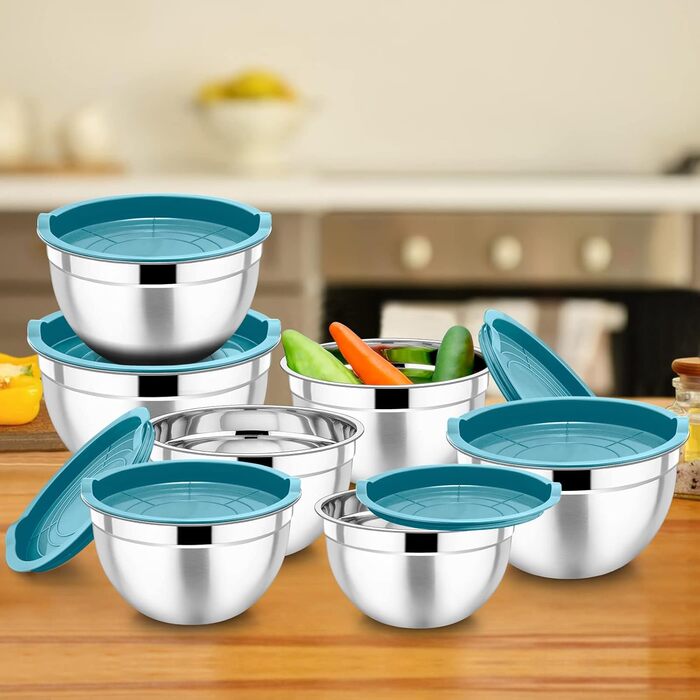 Homikit Mixing Bowls, 7-Piece Stainless Steel Bowl Salad Bowl Set with Airtight Lid for Cooking/Baking/Serving, Nesting, Dishwasher Safe, 6.5/4.5/2.7/2.5/1.5/1.2/0.7L, Blue