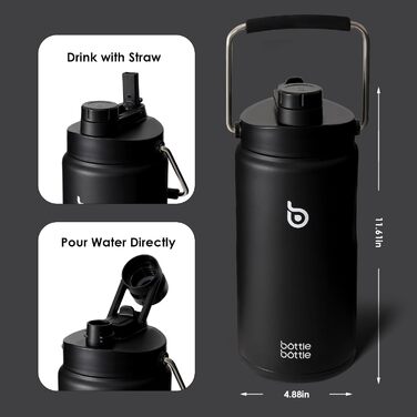 BOTTLE BOTTLE Insulated Stainless Steel Water Bottle 64oz (1.8L) with Straw, Lid, Handle & Pill Compartment – BPA-free, Leak-proof, Ideal Drinking Bottle for Sports, Fitness, Hiking & Outings (Black)