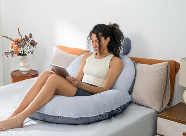 Інсен подушка для читання, спинка для сидіння в ліжку, для читання, відпочинку, медсестер, дорослих, матерів, дітей, для пресування живота, блакитна (з велюровою обробкою)