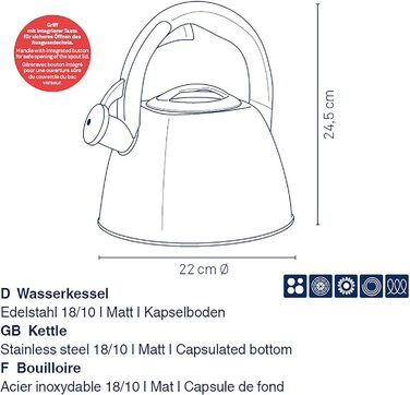 Ке́тель Kela VITUS з індукційним дном, 2.4л, нержавіюча сталь, для всіх плит, з безпечним відкриванням кришки, чайник (сріблястий матовий)