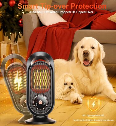 Електричний обігрівач, портативний обігрівач для кімнати, енергозберігаючий 1500W, керамічний з термостатом, таймером та 3 режимами, захист від перегріву та перекидання для офісу та спальні