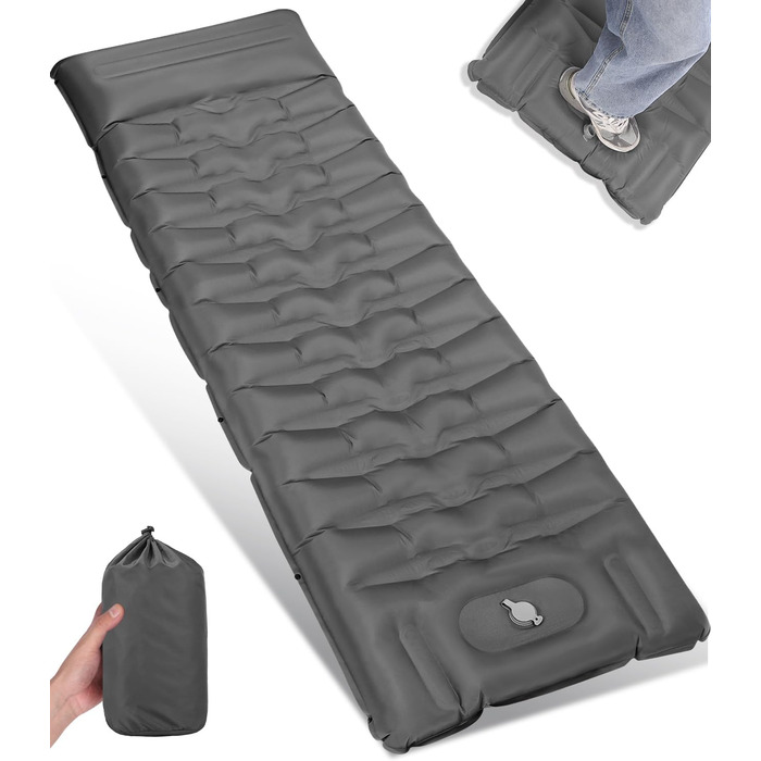 Tixexo Self-Inflating Sleeping Pad - Camping Air Mattress with Foot Pump - 13cm Thick, Spliceable, Outdoor Hiking & Camping Cushion - Grey