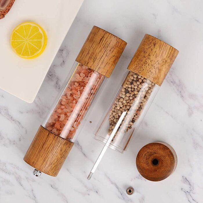 Salt and Pepper Grinder Set of 2 with Coasters, Manual Pepper Grinder, Wooden Salt Grinder, Adjustable Ceramic Grinder for Spices, Pepper, Salt, Height: 21.5 cm