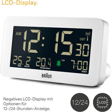 Braun Funk-Digitalwecker for the Central European Time Zone (DCF) with date, month, and temperature display, negative LCD display, and white alarm tone, Model BC10W-DCF.