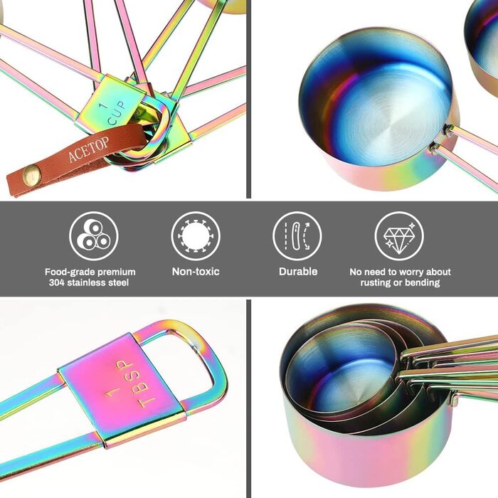 Intsun Measuring Spoon and Cup Set, Stackable Stainless Steel Measuring Cups and Spoons, Multicolor, with Engraved Measurements and Highly Polished Measuring Cup Set for Cooking, Mixing, and Baking