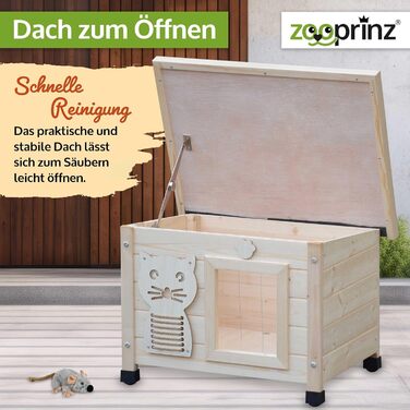 zooprinz Premium Wooden Cat House – Cat Box with Roof for Opening, Window and Swing Door – Sisal Scratching Band on the Cat Box – Weatherproof for Garden/Balcony – Indoor and Outdoor Shelter (Natural, Standard)