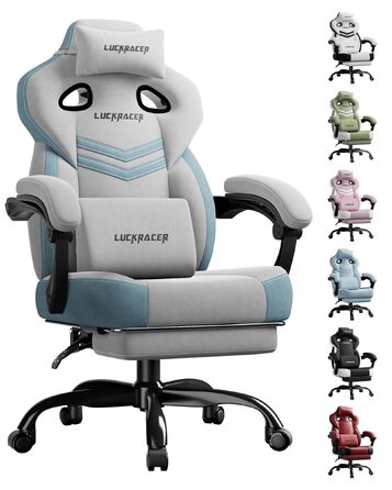 Ігрове крісло LUCKRACER для комп'ютера та офісу, тканинне з підставкою для ніг, подушкою з ефектом пам'яті та нахилом спинки 90–155°, навантаження до 150 кг (Сіре)