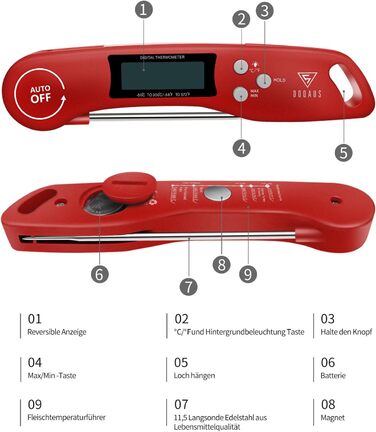 Цифровий термометр для м'яса DOQAUS: приготування на грилі, BBQ, приготування їжі. Швидке зчитування, довга сонда, LCD-дисплей.
