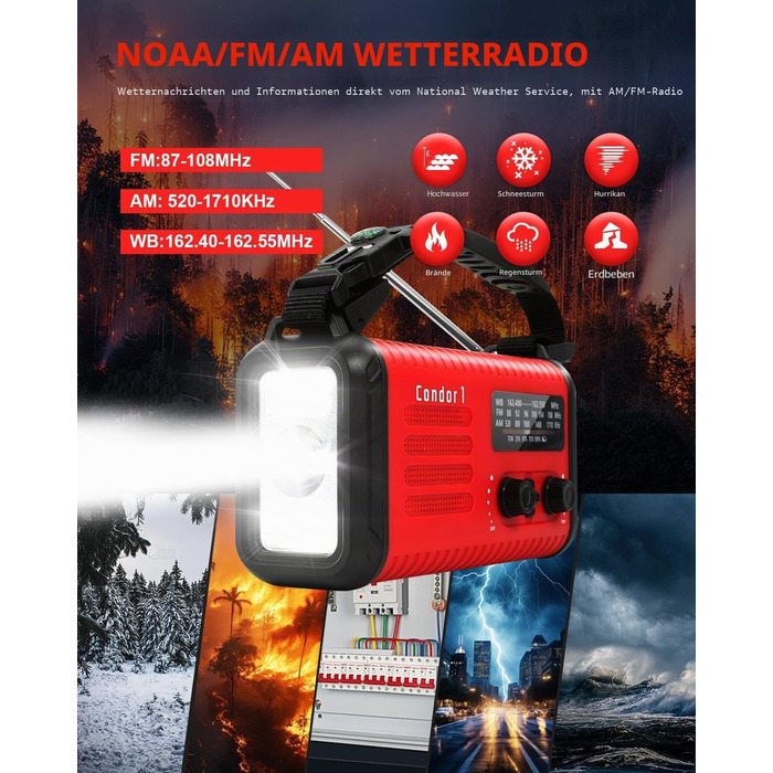 Радіо Kurbelradio 20000mAh сонячне з ручним заводом, AM/FM, SOS, LED-ліхтарик, USB зарядка для телефону, аварійне радіо при відключенні електроенергії (Червоне)
