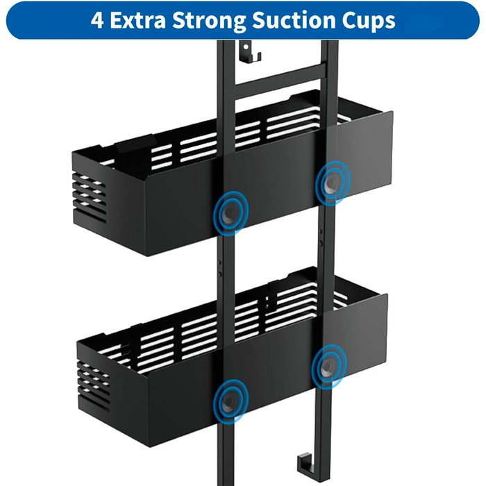 Поличка для душу AIGOCITY без свердління, чорна, для скляних душових кабін, з 3 гачками, регульована висота, для шампуню та гелю для душу