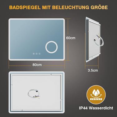 Дзеркало для ванної кімнати з підсвічуванням 80x60 см, 3 кольори, регулювання яскравості, протитуманне покриття, 3x збільшення, розетка для гоління, IP44, для горизонтального/вертикального монтажу