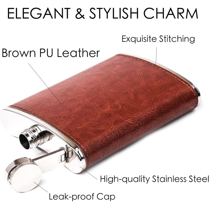 Фляга шкіряна 8oz Braun для чоловіків та жінок, комплект з воронкою та 2 склянками, шкіряний чохол, для віскі/водки, ідеально для подорожей та подарунків