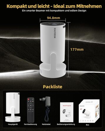 Beautiebeam Beamer: Міні проектор 4K з підтримкою 1080P, Android 11, Bluetooth 5.0, Wi-Fi 6, Автоматична корекція трапеції, для дому та на відкритому повітрі