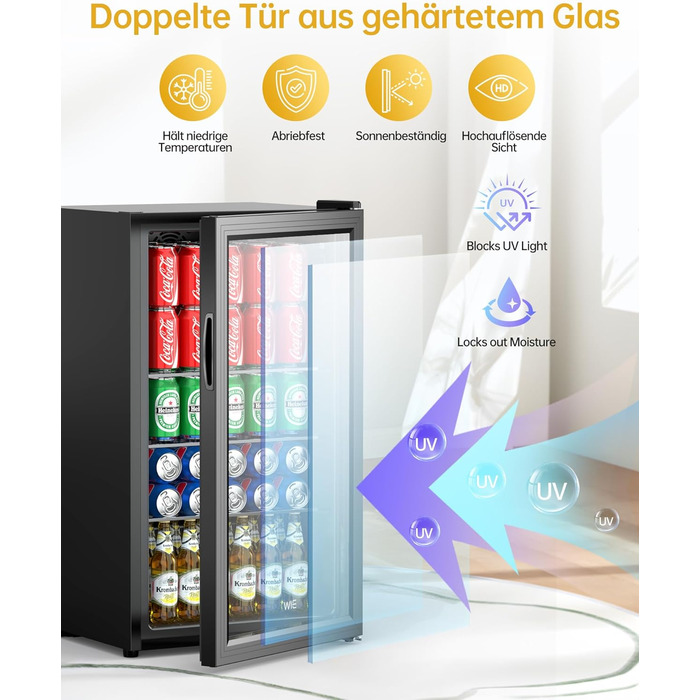 Міні-холодильник для напоїв WIE з подвійними скляними дверцятами, регульованими полицями, 86 літрів, 120 банок, для соди/пива, для дому/кухні/бару/офісу