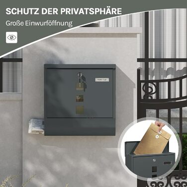 Поштовий ящик WOLTU з газетницею та оглядовим вікном, антрацит, 37x37x10.5 см. Закривається на ключ, з табличкою для імені.