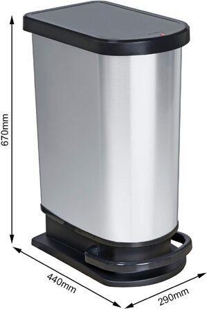 Сміттєвий бак Rotho Paso на 50л з педаллю та кришкою, пластик (PP) BPA-free, колір carbonmetallic (сріблястий металік), 44x29x67 см