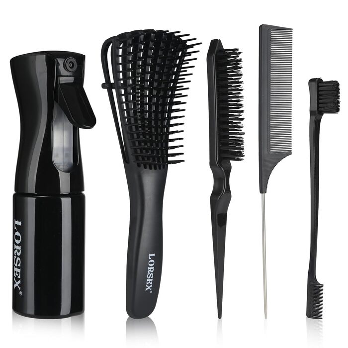 Набір гребінців для волосся з пульверизатором 200 мл: розпушувач, накручувач, двосторонній гребінь (чорний)