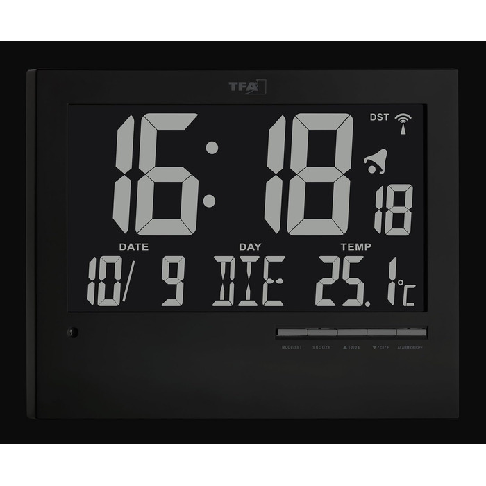 TFA Dostmann Digital Radio Clock with Automatic Backlight, with Indoor Temperature, Date, Day of the Week, Black, 60.4508, L 230 x W 31 (80) x H 185 mm