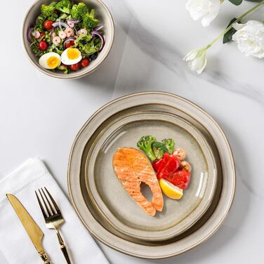 GBHOME Набір посуду з кераміки (12 предметів), керамічний, ручної роботи, реактивна глазур, тарілки та миски, стійкий до сколів та тріщин, придатний для миття в посудомийній машині та використання в мікрохвильовці, набір посуду на 4 особи, білий