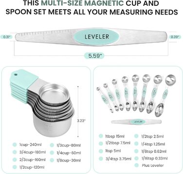 Magnetic Measuring Cup and Spoon Set, Durable 304 Stainless Steel, Double Measuring Markings, 16-Piece Set, with Leveler for Measuring Dry and Liquid Ingredients, Mint Green