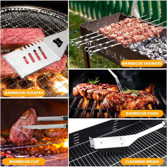 Набір аксесуарів для гриля Premium Grillzubehör Set 10-teilig Edelstahl Rostfrei - 10 предметів з нержавіючої сталі: шпатель, щипці, виделка, щітка для чищення. Для гриля, BBQ, кемпінгу, саду. Міцний набір для гриля.