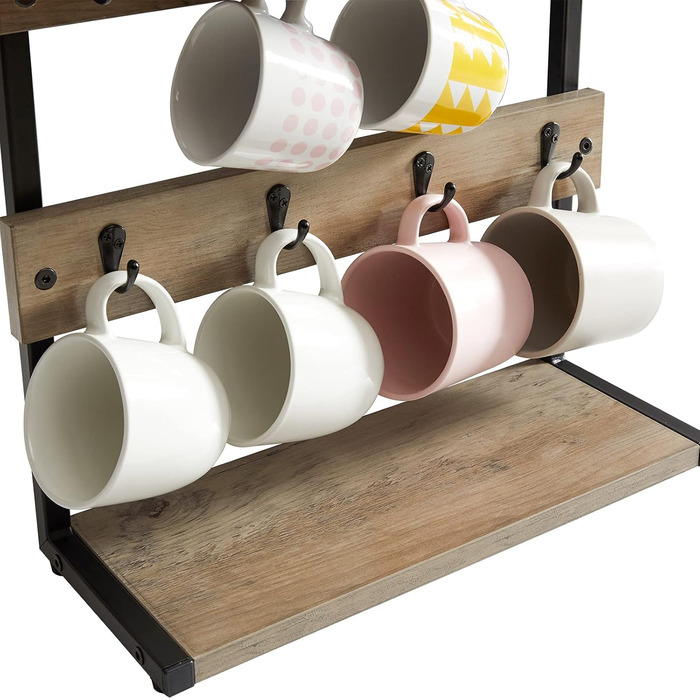 Vintage Mug Holder with 8 Hooks, Coffee Cup Holder for Kitchen Countertop, Cup Rack with Storage Bottom, for Kitchen Dining Room Cafe 40 x 15 x 40 cm, TBJ002H (with Shelf, Greige)