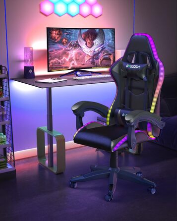 Ігровий стілець Racingreat RGB з підсвічуванням, підголівником та підтримкою попереку, регульований кут нахилу, для дітей та дорослих, чорний