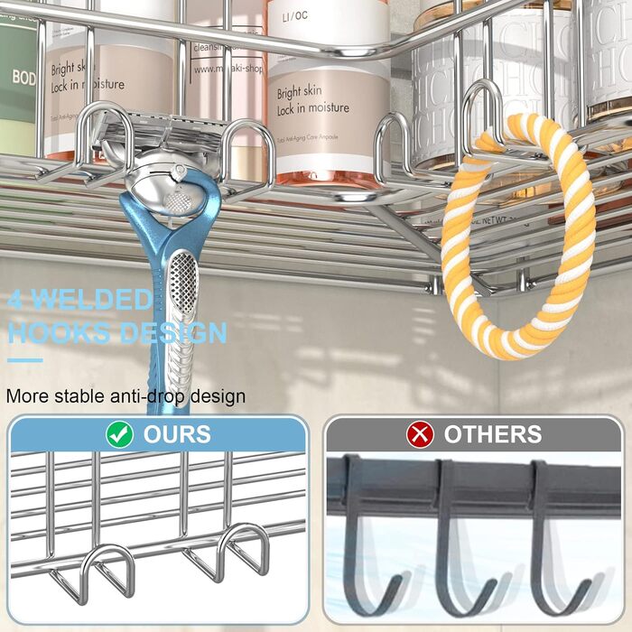 Дзеркальна поличка для душу Yazoni без свердління (2 шт.) - кутова поличка з гачками, нержавіюча сталь, срібна