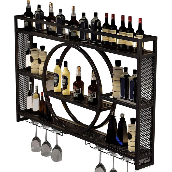 Стильна підвісна вітрина для вина на стіну, металева, велика місткість, для кухні, вітальні, бару (47.2 x 5.9 x 31.4 дюймів, Чорний)