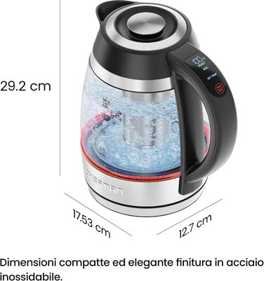 Електричний чайник Chefman 1.8L з нержавіючої сталі, автоматичне вимкнення, захист від перегріву, скло Borosilikat, функція підігріву