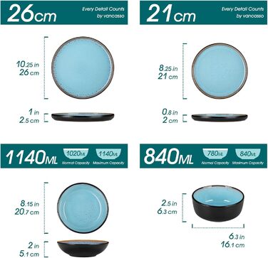 Набір посуду Steingut 24 штуки Vancasso AMBER: тарілки, супові тарілки, десертні тарілки, миски, реактивна глазур, морський блакитний, для 6 осіб, стійкий до миття в посудомийній машині