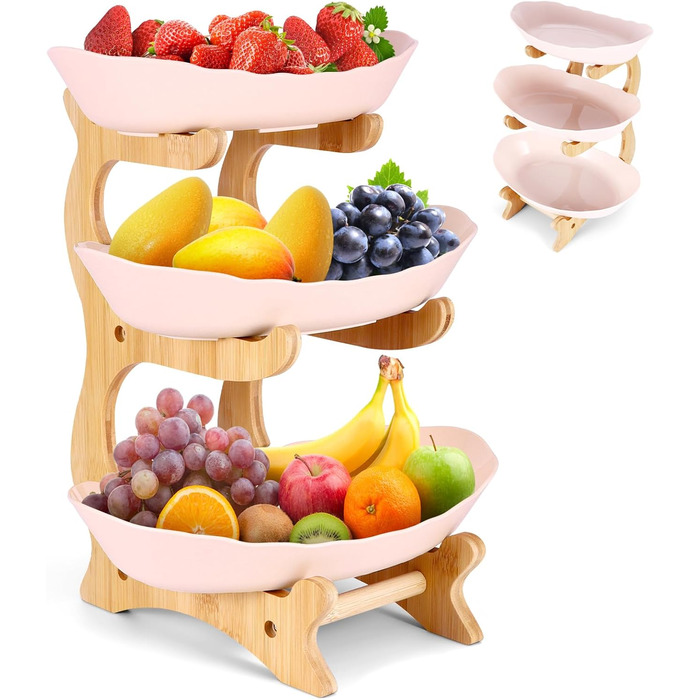 DEECOZY Трирівнева етажерка для фруктів та овочів з бамбуковим підставкою, пластикова фруктова миска, економія місця, для сім'ї, сучасний дизайн (Білий, Бежевий)