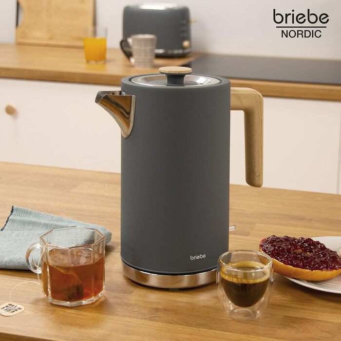 Тостер Briebe Nordic Set з водоваркою 1.7л, 2 відділення, 6 режимів підсмажування, сірий, BPA-free