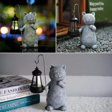 Yeomoo Cat Garden Statues for Outdoors with Solar Lantern – Funny Waterproof Solar Lamp Figure Garden Decor for Outdoors Balcony Terraces Gifts for Women Men Mom Birthday Fairy Garden Grey