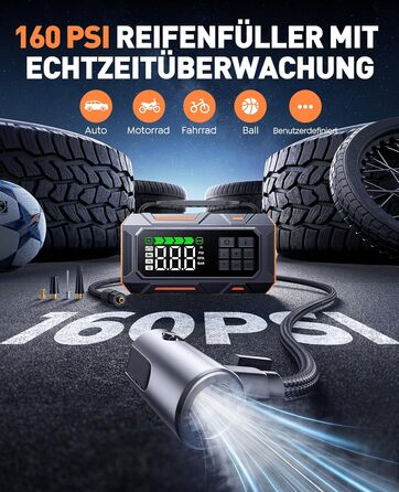 Powerbank для авто 26800mAh 7000A з компресором 160PSI, старт допомога, 5 LED, набір для ремонту шин, молоток, підтримка бензину/дизеля