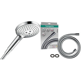 hansgrohe Raindance Select S - water-saving showerhead 9 l/min (EcoSmart), hand shower with 3 spray patterns, round shower head (⌀ 120 mm), water-saving showerhead with anti-limescale function, (showerhead incl. PowderRain + hose, Chrome, showerhead incl. PowderRain + hose)