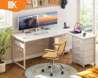 Письмовий стіл ODK з шухлядами, L-подібний, з розетками та USB, реверсивний, з місцем для зберігання, для домашнього офісу, білий, 135×100 см