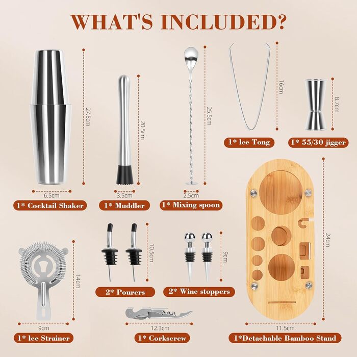 Набір для приготування коктейлів FoiiLiio 12 шт. з шейкером 750 мл, аксесуари для бару, нержавіюча сталь, бамбуковий стійкий, для дому