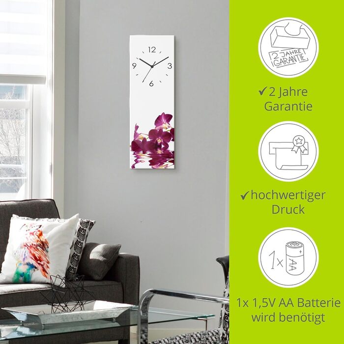 ARTLAND Wall Decor Wall Clock without Ticking Sounds, Glass, 20x60 cm, Rectangular, Silent, Natural Design, Zen, Spa, Stones, Asian, Modern, T6CD (Purple Orchid, Radio Clock)