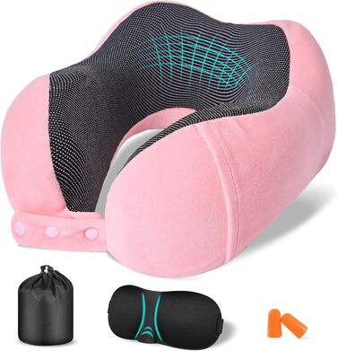 Подушка для шиї у літак, доросла, з піною з пам'яті, регульована, з маскою для сну та берушами, чорна (рожева)