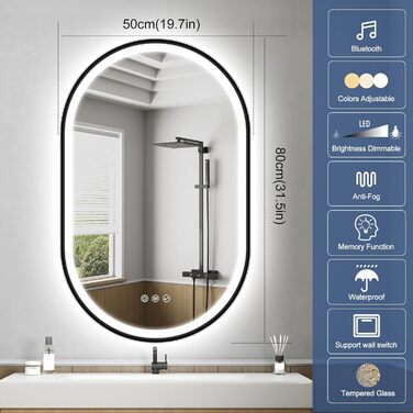 Дзеркало для ванної кімнати зі світлодіодною підсвіткою STARLEAD 90x60 см, Bluetooth, регулювання яскравості, 3 кольори світла, антизапарник, пам'ять, скло HardGlass, IP44, горизонтальне/вертикальне встановлення, без рамки