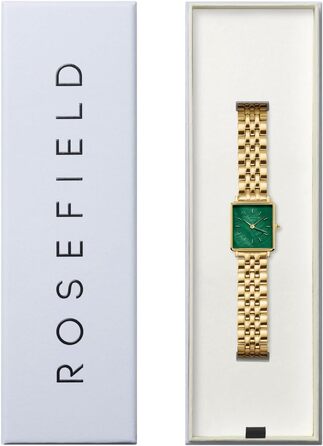 Жіночий годинник Rosefield Boxy XS з білим циферблатом Sunray, золотистий корпус та зелений ремінець, 22x24 мм