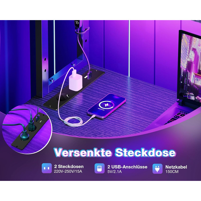 Ігровий стіл Coleshome L-подібної форми з LED-підсвічуванням та розетками, 135 × 100 см. Реверсивний кутовий стіл з полицями для зберігання, з кишенькою для аксесуарів. Чорний колір. Підходить для home office та геймінгу.